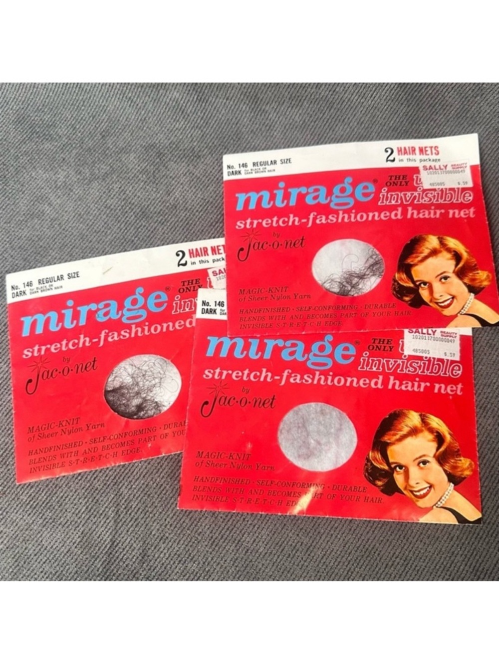 3 Pkg Vintage Jac O Net 146 Mirage Invisible ultra Hair Net Black Dark Brown